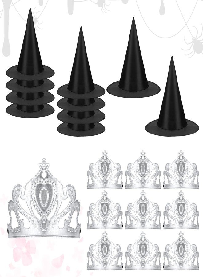 PLUVAVA 20 Pieces Black Witch Hat and Silver Princess Crown Set Wizard Hats Witch and Princess Party Favors for Pink Green Party Wicked Birthday Halloween Cosplay Parties Decor Gift - Image 1
